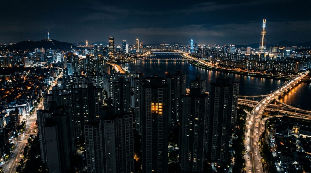 Aerial night view of Seoul with illuminated skyscrapers and Han River, a single dramatically lit high-rise window, dark blue and amber tones, cinematic thriller atmosphere, 16:9, photorealistic