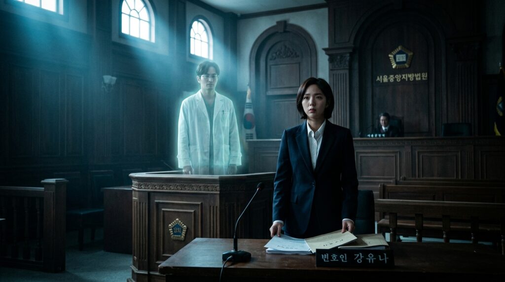 Phantom Lawyer Episode 5 courtroom scene with ghost scientist