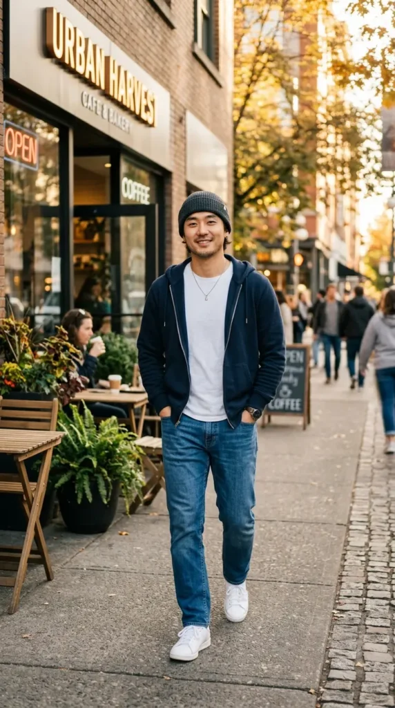 Byeon Woo-seok boyfriend look style — casual hoodie beanie and straight denim on a city street