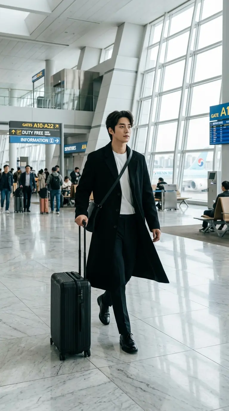 Byeon Woo-seok style guide — tall Korean man in black overcoat at airport with carry-on luggage