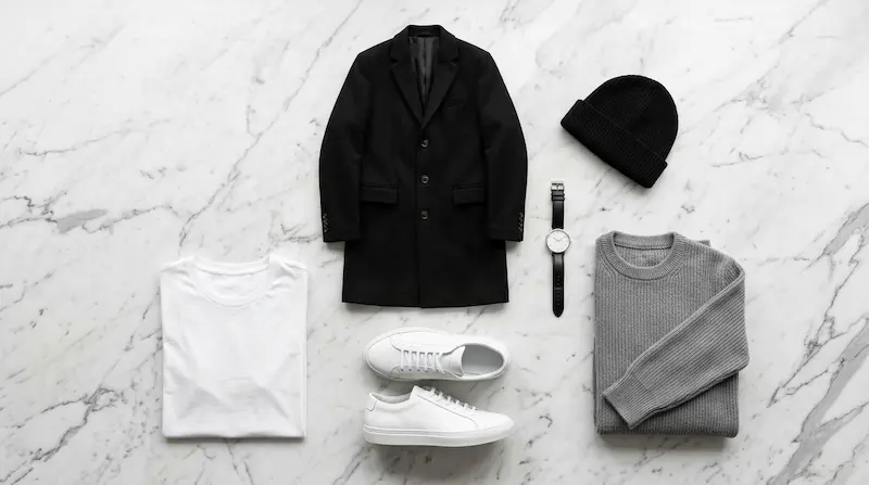 Byeon Woo-seok style guide outfit essentials flatlay — black coat grey knit beanie white sneakers on marble