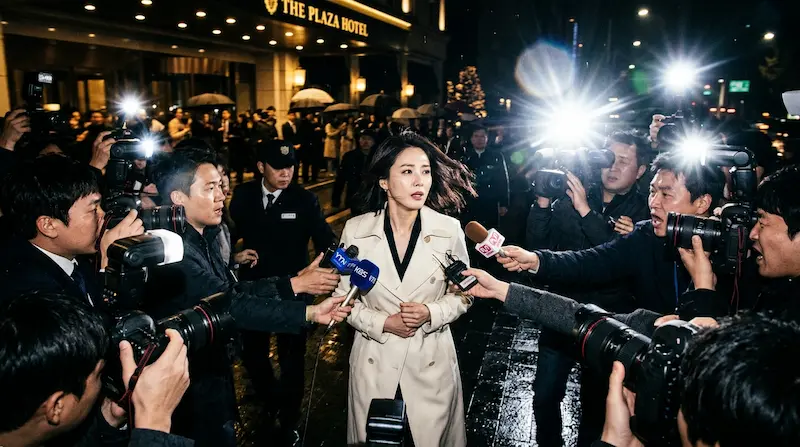 Chu Sang-ah faces the press in Climax Episode 9 Climax Episode 9 Chu Sang-ah Ha Ji-won surrounded by reporters after video scandal
