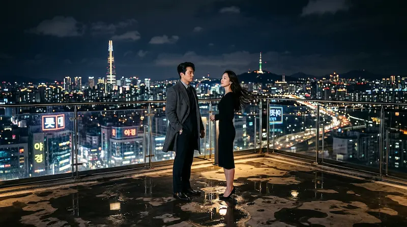 Climax K-drama review — Bang Tae-seop and Chu Sang-a standing on a rain-slicked rooftop overlooking Seoul at night