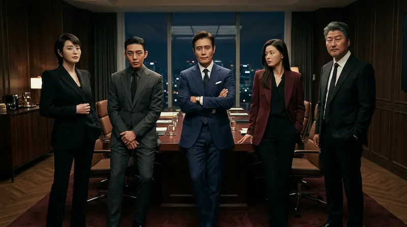 Climax K-drama review cast ensemble — Ju Ji-hoon Ha Ji-won Nana Cha Joo-young Oh Jung-se in a dark boardroom