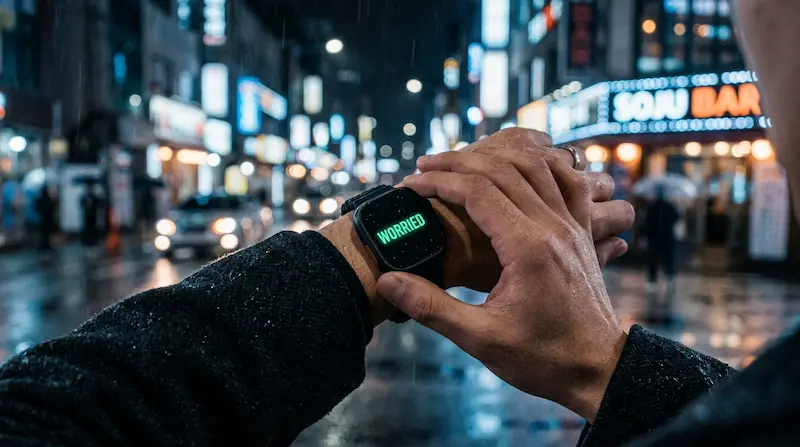  Dong-man stares at his Emotion Watch showing worry instead of excitement