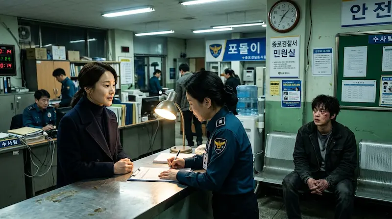 Woman introduces man as film director at police station in K-drama scene