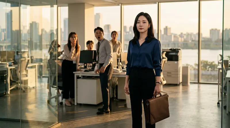 Professional woman standing up in a corporate Korean office with colleagues watching