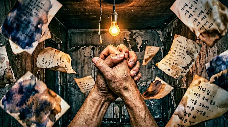 Two brothers holding hands tightly in emotional scene from We Are All Trying Here