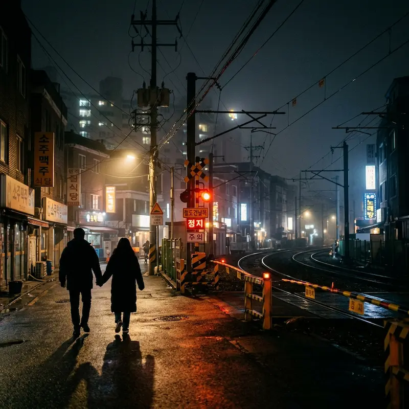 Lee Sun-kyun and IU in My Mister walking at night near the railroad crossing
