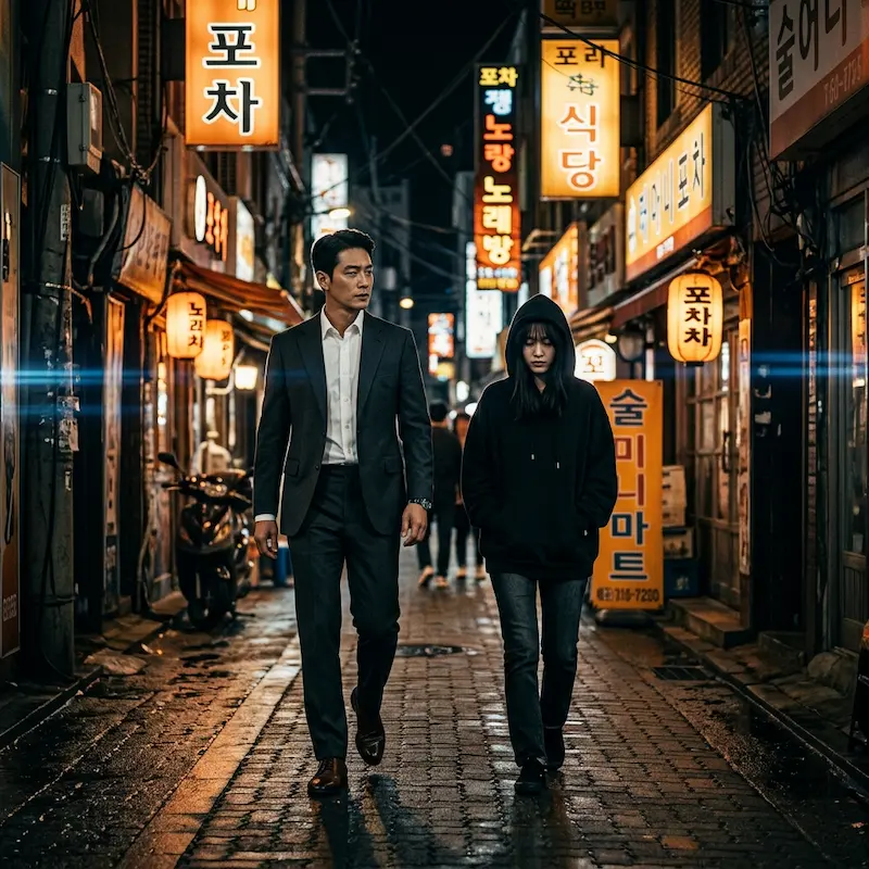 My Mister Korean drama poster featuring Lee Sun-kyun and IU walking on a dimly lit street