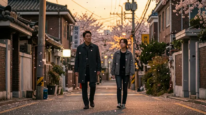 Dong-hoon and Ji-an walking side by side for the first time at equal eye level in My Mister episode 8