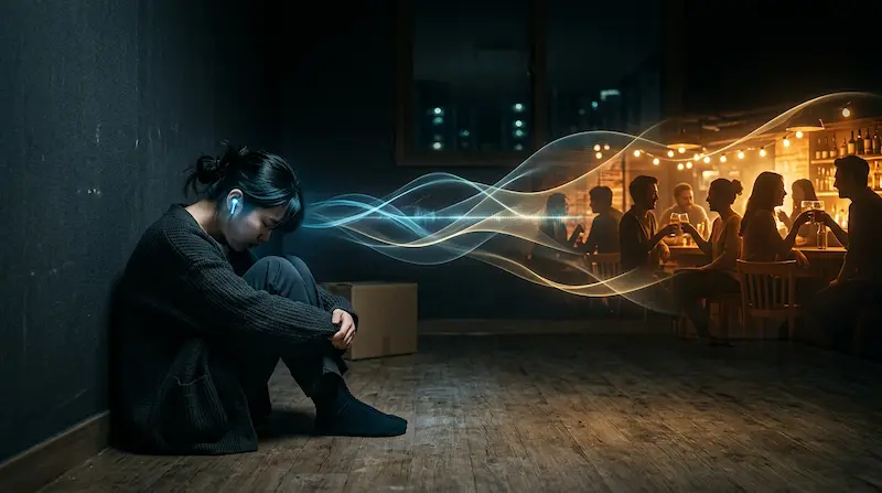 Ji-an listening to Dong-hoon's life through her earpiece alone in a dark apartment