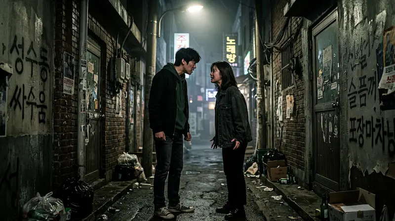 My Mister episode 10 Ji-an confronting Kwang-il in a dark alley — the moment she stops running