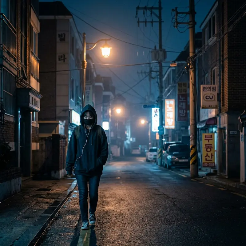 IU walking alone at night under streetlights in My Mister