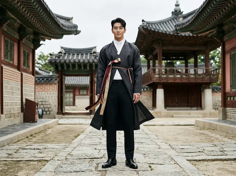 Perfect Crown Byeon Woo-seok Modern Hanbok Prince Style Byeon Woo-seok as Grand Prince Yi-an in Perfect Crown wearing a modernized cheollik hanbok with Western tailoring