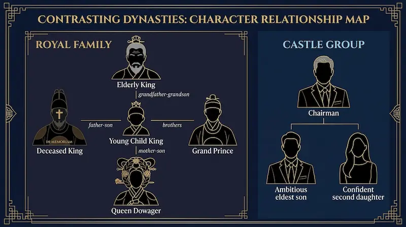 Perfect Crown character relationship map showing royal family, Castle Group chaebol family, and political allies