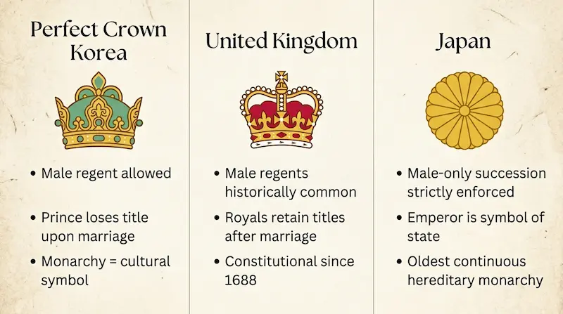 Comparison infographic of constitutional monarchies in Perfect Crown drama versus UK and Japan royal systems