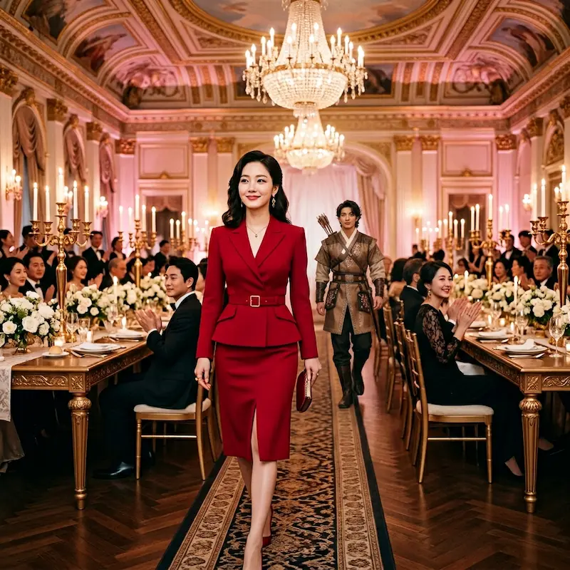 Perfect Crown Episode 1 — Sung Hui-ju in red and Prince I-an in hunting attire at the king's birthday banquet