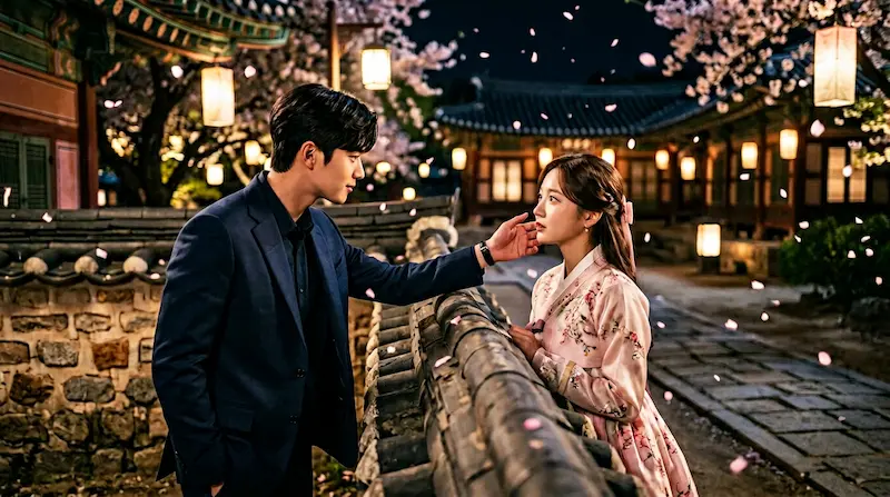 Perfect Crown episode 3 first kiss scene — Prince I-an and Hui-ju at the palace fence under cherry blossoms