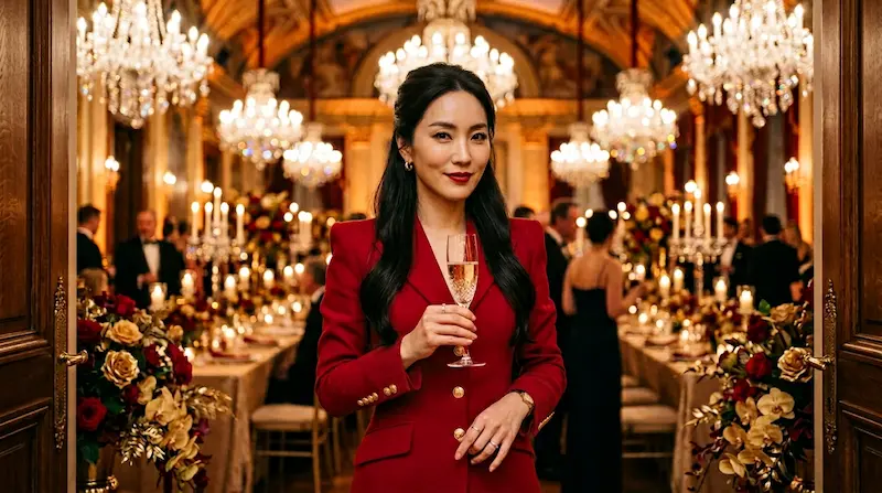 Perfect Crown Episode 1 Sung Hui-ju IU entering royal birthday banquet in red power suit