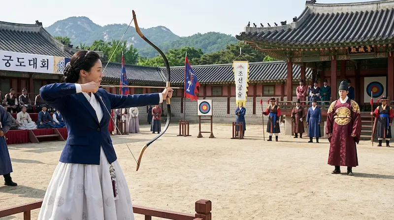 Perfect Crown Episode 2 archery competition scene Sung Hui-ju IU shooting while Prince I-an Byeon Woo-seok watches