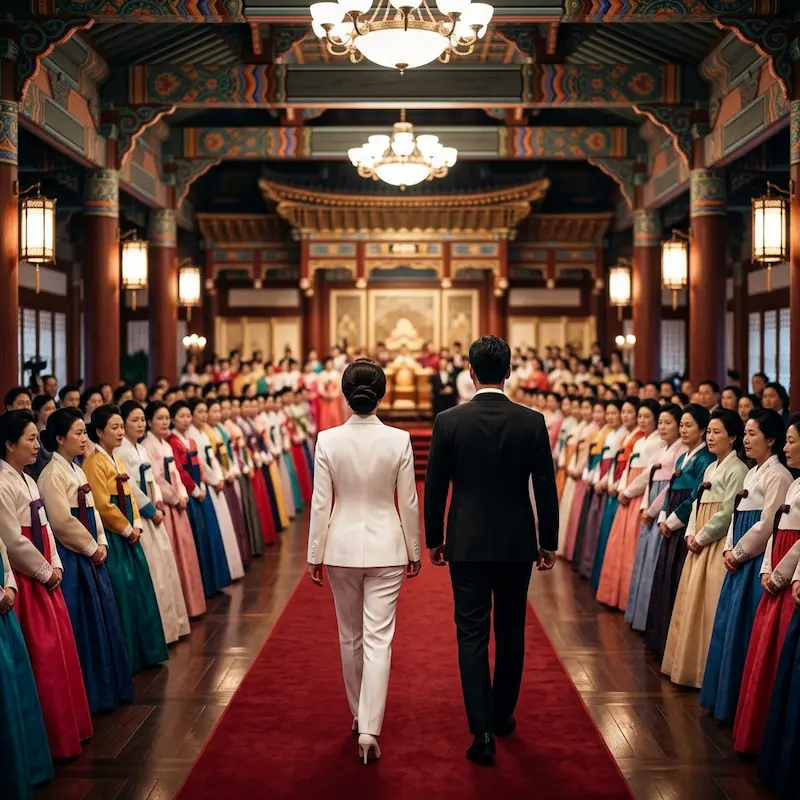 Perfect Crown Episode 5 ending scene Hui-ju in white suit walking through inner court banquet with Yi An