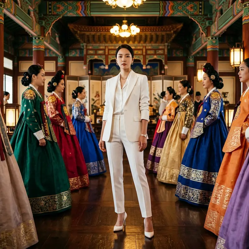 Perfect Crown Episode 5 fashion highlight IU white suit at inner court banquet versus traditional hanbok