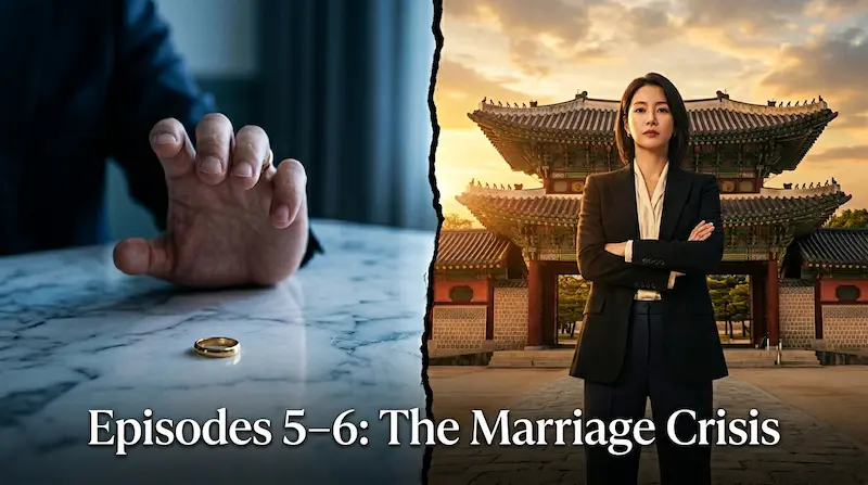 Perfect Crown episodes 5 and 6 preview teaser showing dramatic split scene of wedding postponement and Queen Dowager counterattack