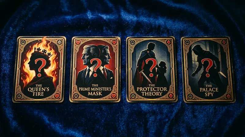 Perfect Crown fan theories visual showing four mystery cards for Queen Dowager fire theory, Prime Minister betrayal, Grand Prince protection strategy, and palace spy