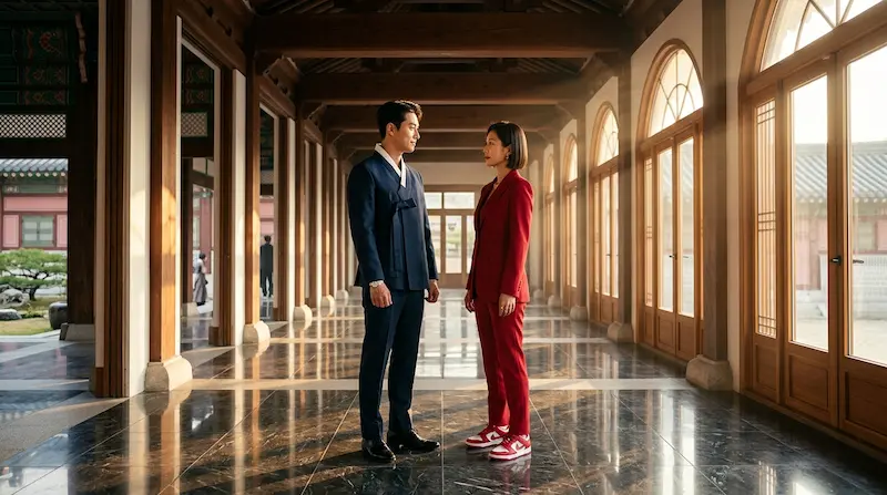 Perfect Crown fashion — IU in a red power suit and Byeon Woo-seok in a modern hanbok-inspired navy suit face each other in a palace hallway