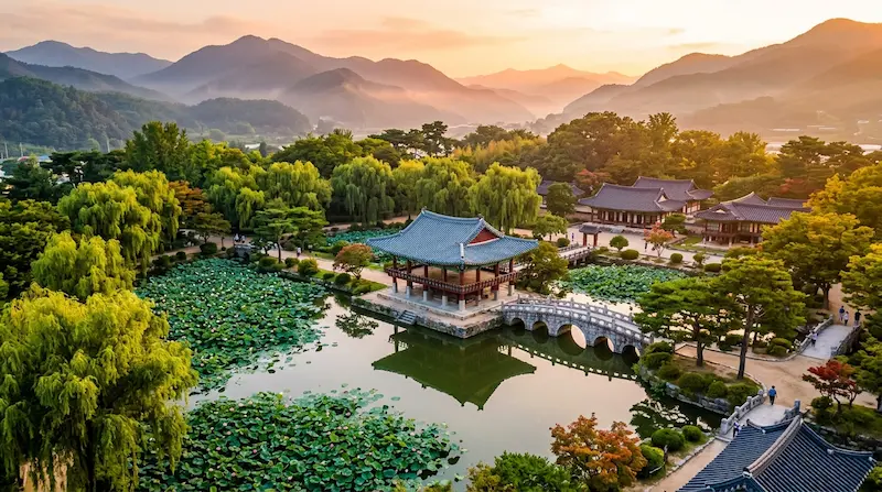 Perfect Crown filming location Gwanghallu Pavilion in Namwon South Korea aerial view at golden hour