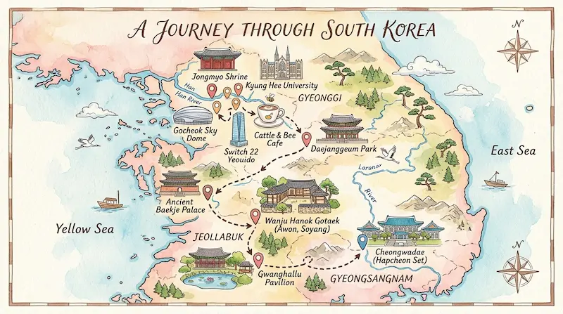 Map of Perfect Crown filming locations across South Korea including Seoul Jongmyo Shrine, Namwon Gwanghallu, Buyeo Baekje Cultural Land, and Gocheok Sky Dome