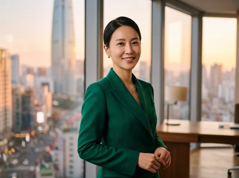 Perfect Crown IU CEO Power Suit Styling IU as Sung Hui-ju in Perfect Crown wearing a green CEO power suit in a luxury office