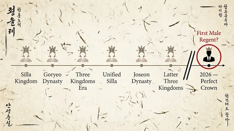 Timeline infographic of Joseon dynasty regency history showing all seven female regents compared to Perfect Crown male regent setting