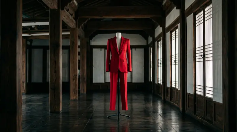 "A red power suit walking through a traditional Korean palace corridor representing BIBI My Pace from Perfect Crown OST"