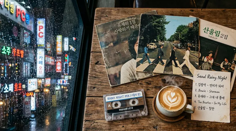 Perfect Crown OST soundtrack concept with vinyl records in a Seoul café featuring BIBI RIIZE and BOYNEXTDOOR