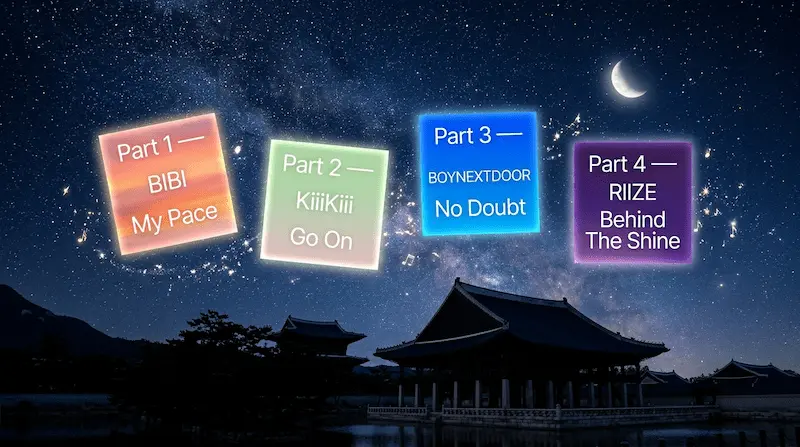 Perfect Crown OST lineup showing album art style cards for BIBI, KiiiKiii, BOYNEXTDOOR, and RIIZE soundtrack releases