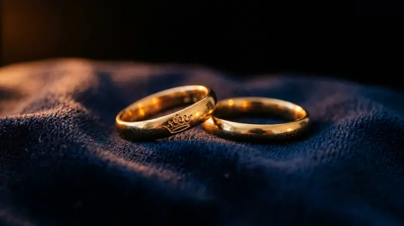 "Two intertwined golden rings on a velvet surface with warm light representing WOODZ EVERGLOW from Perfect Crown OST"