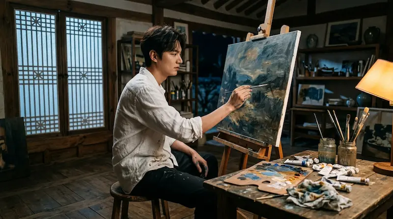 Perfect Crown Prince I-an Byeon Woo-seok painting alone at night in traditional atelie