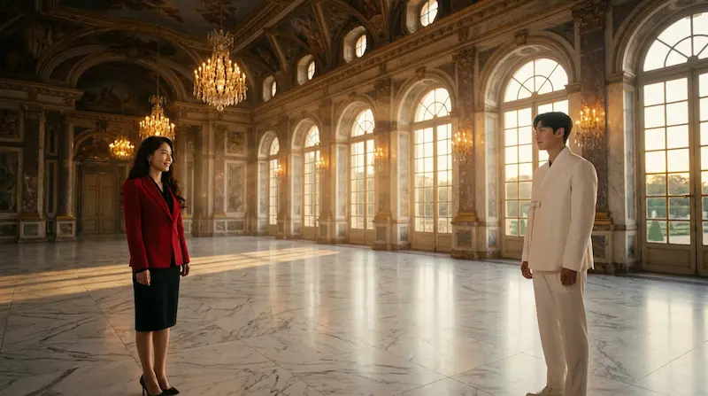 Perfect Crown review IU as Sung Hui-ju and Byeon Woo-seok as Prince I-an facing each other in a palace ballroom