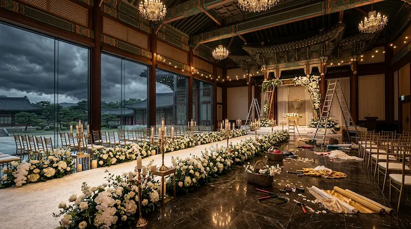 Perfect Crown royal wedding venue preparation with storm clouds gathering outside symbolizing obstacles ahead in Episodes 7-8