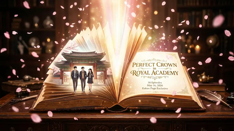 Perfect Crown in Royal Academy web novel announcement showing Kakao Page logo with May 16 2026 release date and 30-episode count
