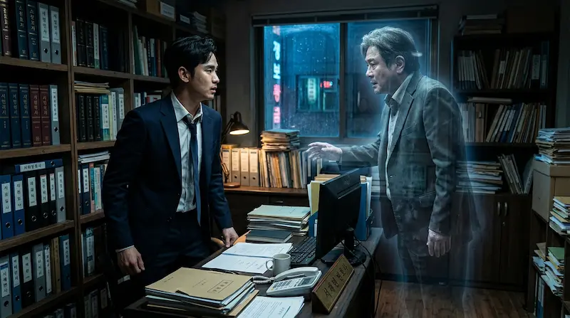 Yi-rang confronting his father ghost in the office
