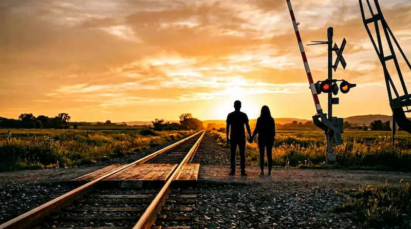 We Are All Trying Here episode 2 railway crossing scene Dong-man and Eun-a mood watches syncing at sunset