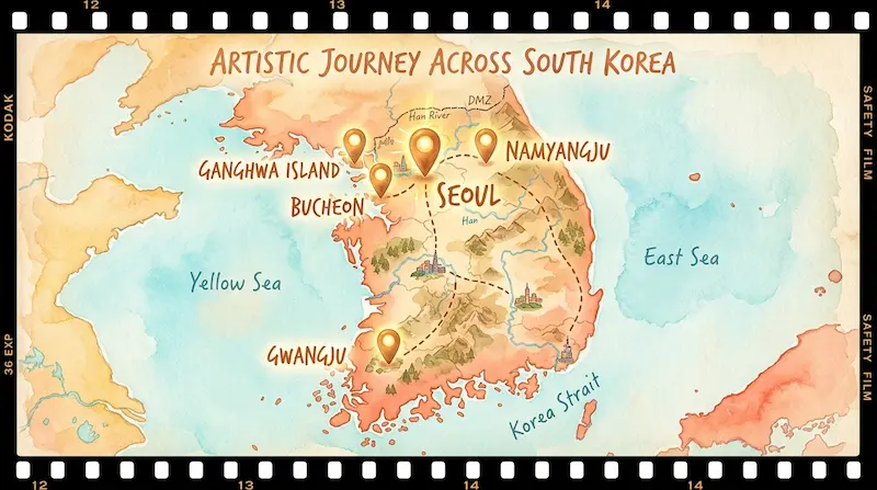 Map of We Are All Trying Here filming locations across Seoul Ganghwa Island Namyangju and Gwangju South Korea