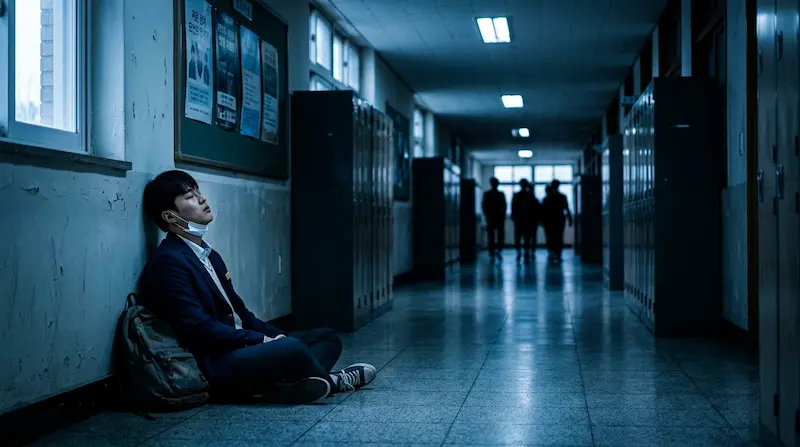 Phantom Lawyer Episode 8 – school bullying victim Junho alone in hallway
