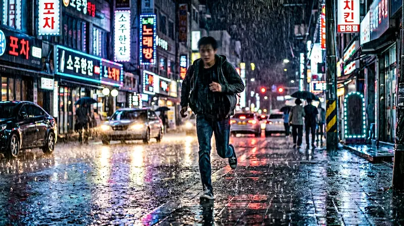  Best K-drama OST songs from the new wave — a figure running through rain on a Seoul street