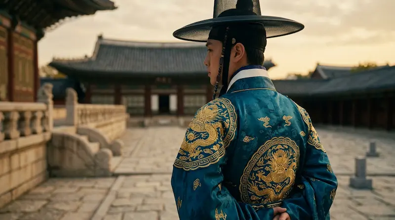 Byeon Woo-seok wearing teal blue cheollik hanbok in Perfect Crown