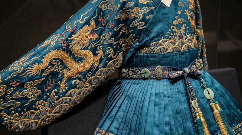  Traditional Korean cheollik robe detail with gold dragon embroidery on teal silk