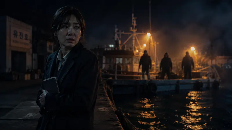 Fifties Professionals Episode 4 — Prosecutor Kang Walks Into the Trap Fifties Professionals Episode 4 scene where Prosecutor Kang Young-ae arrives at Yeongseon Island and faces danger